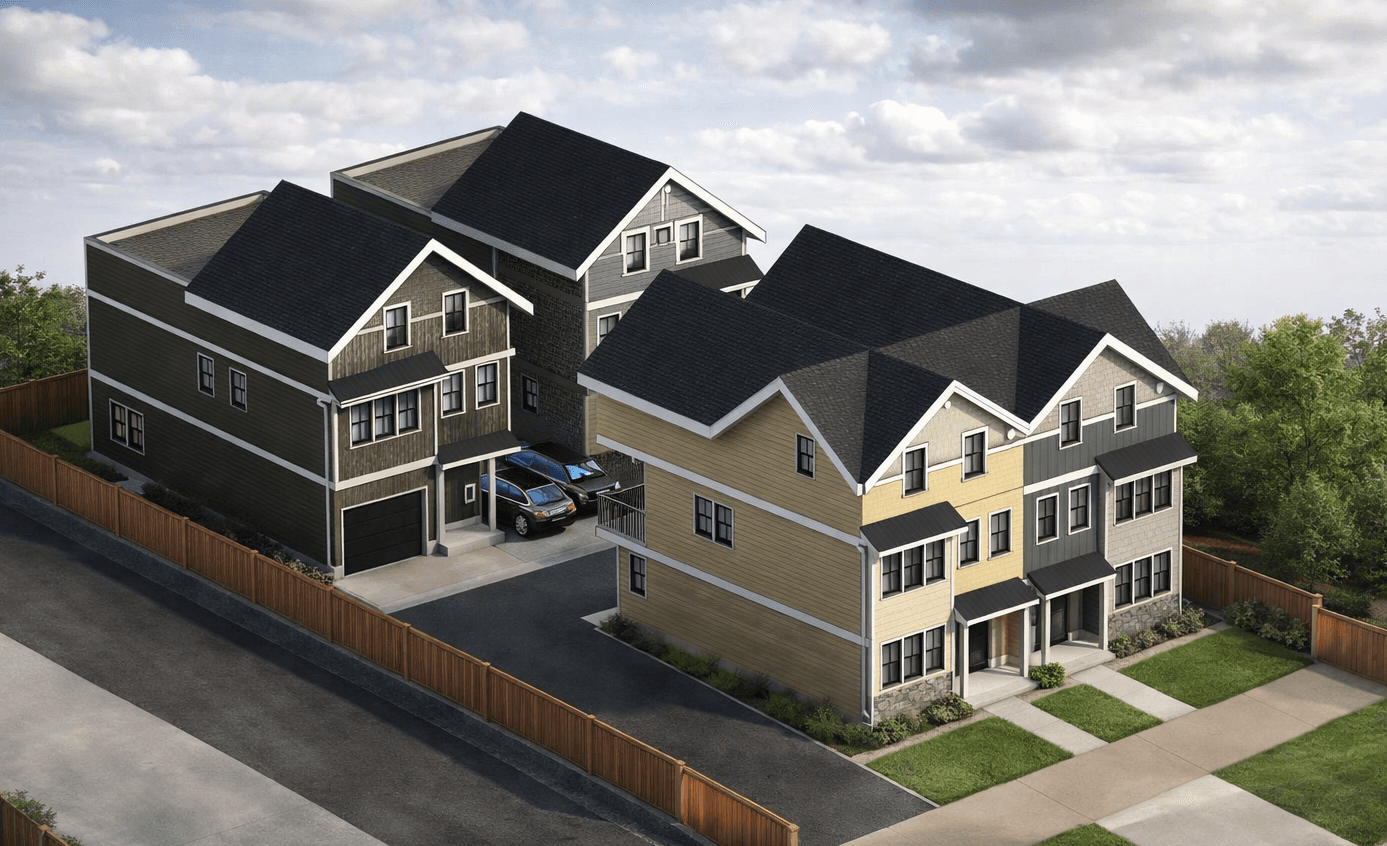 Fort Langley Multiplex — 4-unit infill architectural render