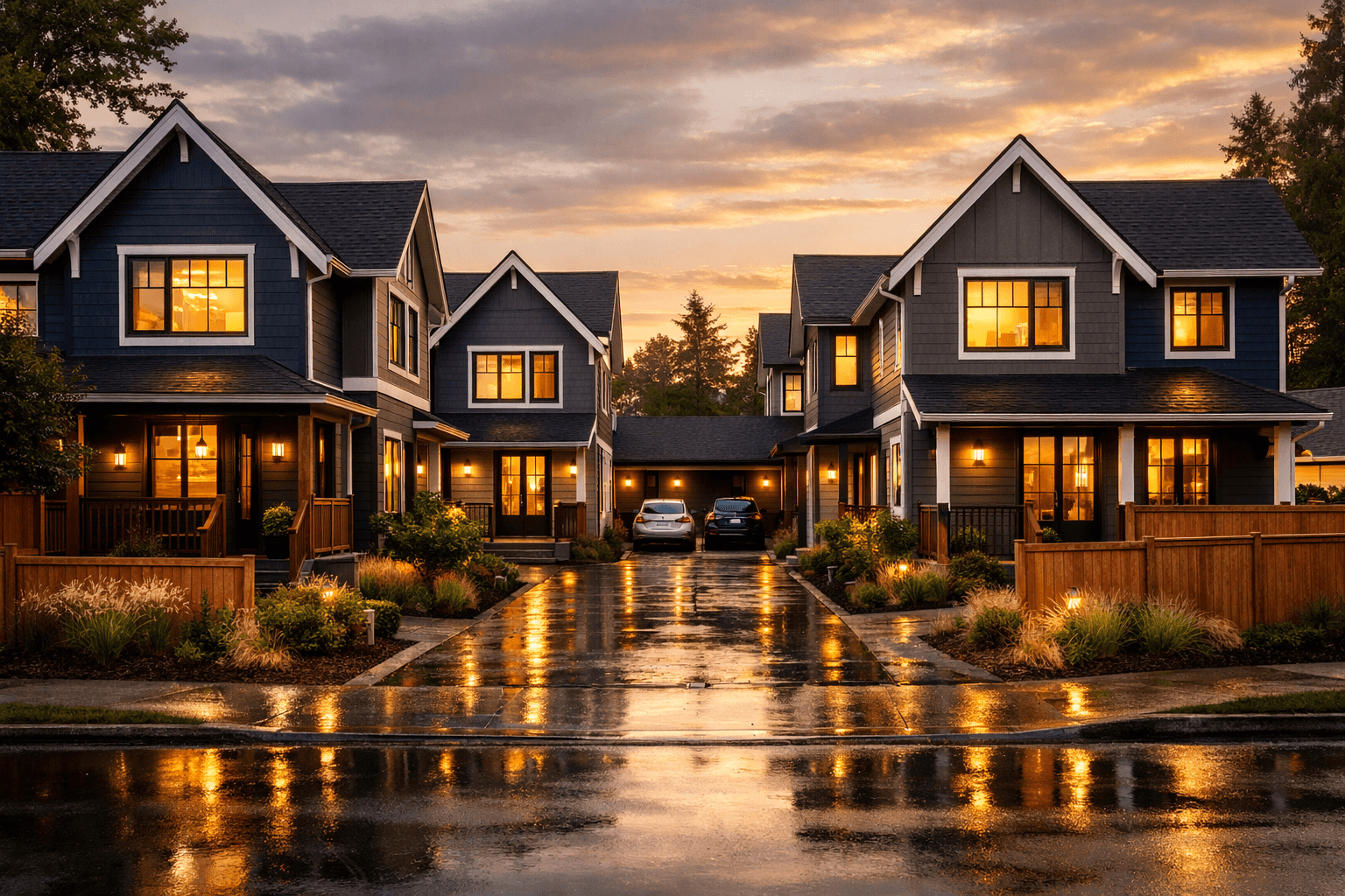 Modern multiplex development at golden hour in Metro Vancouver